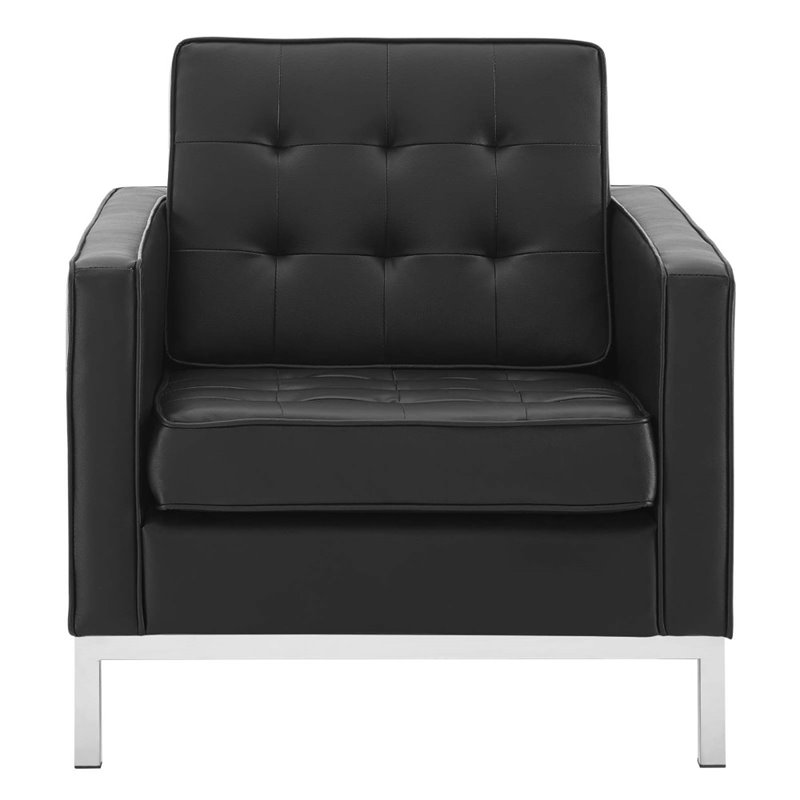Pemberly Row Tufted Vegan Leather Stainless Steel Armchair in Silver/Black