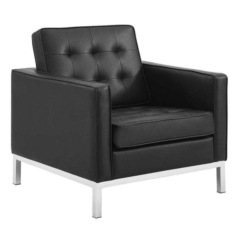 Pemberly Row Tufted Vegan Leather Stainless Steel Armchair in Silver/Black