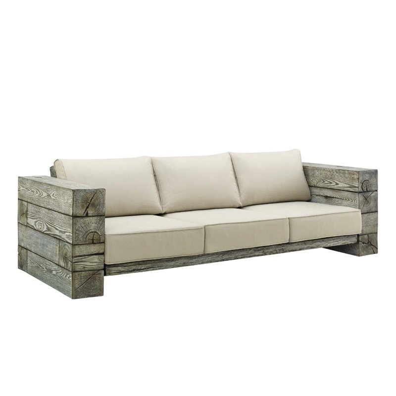 Pemberly Row Wood and Fabric Outdoor Patio Sofa in Light Gray/Beige