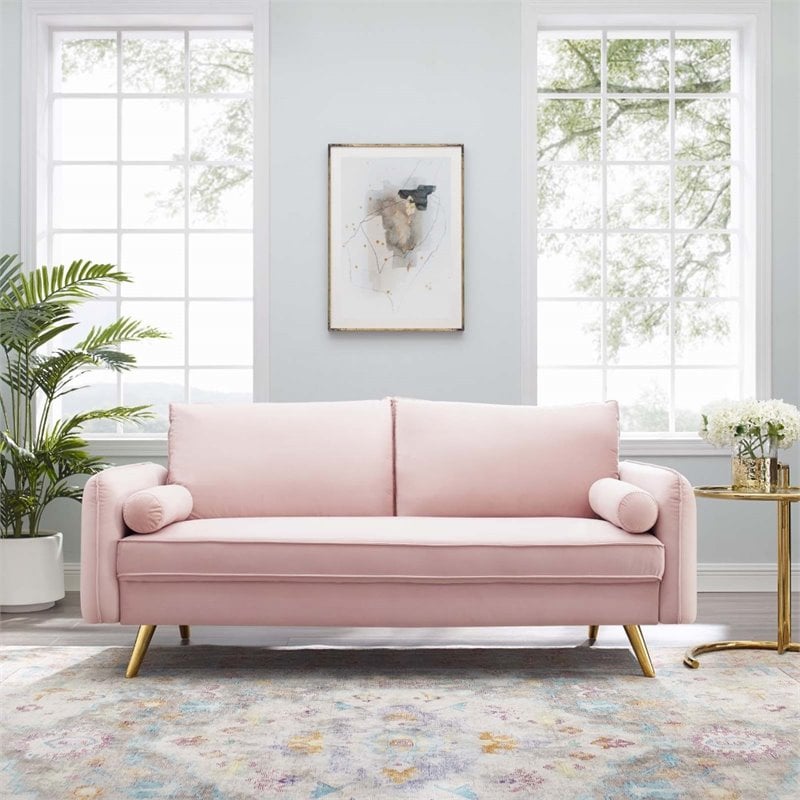 Pemberly Row Modern Performance Velvet & Metal Sofa in Pink/Gold