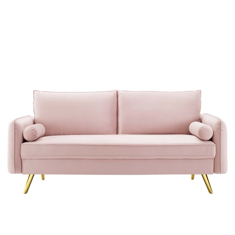 Pemberly Row Modern Performance Velvet & Metal Sofa in Pink/Gold