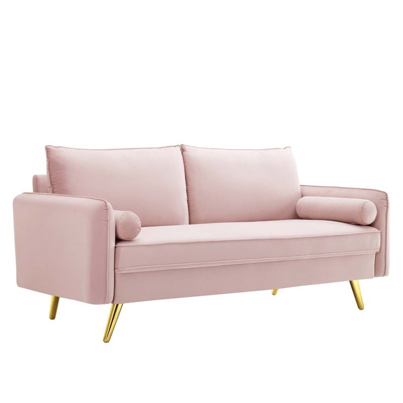Pemberly Row Modern Performance Velvet & Metal Sofa in Pink/Gold