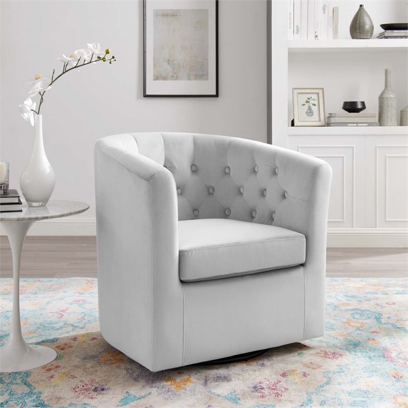 Pemberly Row Tufted Performance Velvet Swivel Armchair in Light Gray