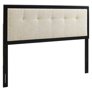 Pemberly Row Tufted Queen Fabric and Wood Headboard in Black/Beige