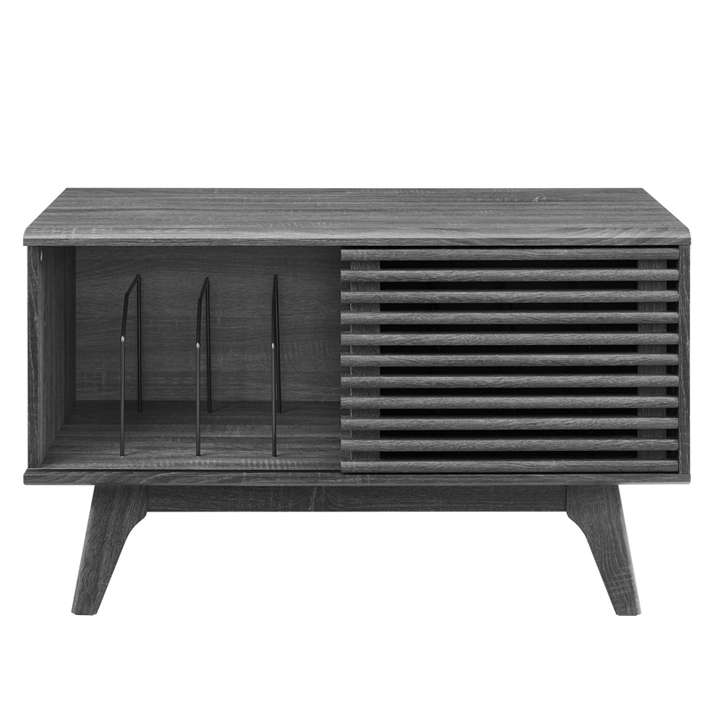 Pemberly Row Wood & Vinyl Record Display Stand with Sliding Door in Charcoal