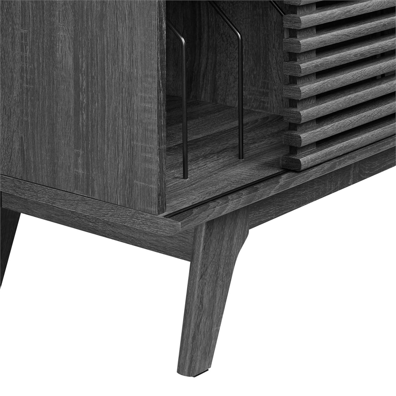 Pemberly Row Wood & Vinyl Record Display Stand with Sliding Door in Charcoal