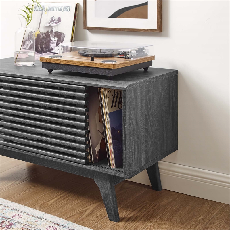 Pemberly Row Wood & Vinyl Record Display Stand with Sliding Door in Charcoal