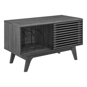 Pemberly Row Wood & Vinyl Record Display Stand with Sliding Door in Charcoal