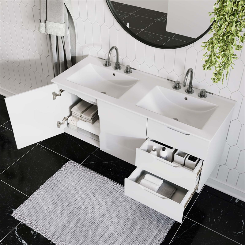 Pemberly Row Modern Wood/Ceramic Double Sink Bathroom Vanity in White