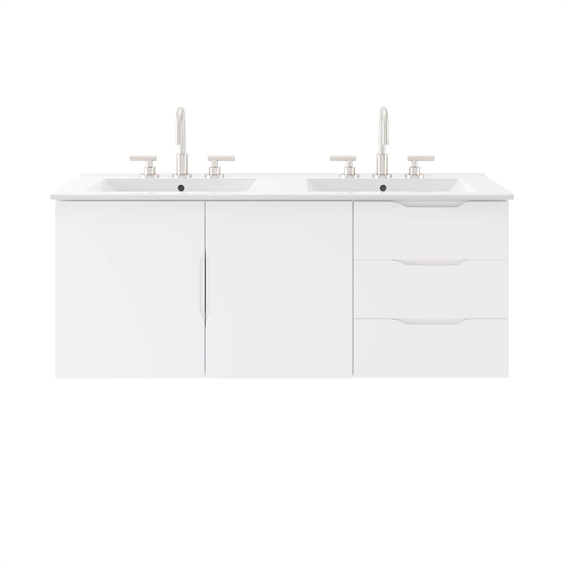 Pemberly Row Modern Wood/Ceramic Double Sink Bathroom Vanity in White
