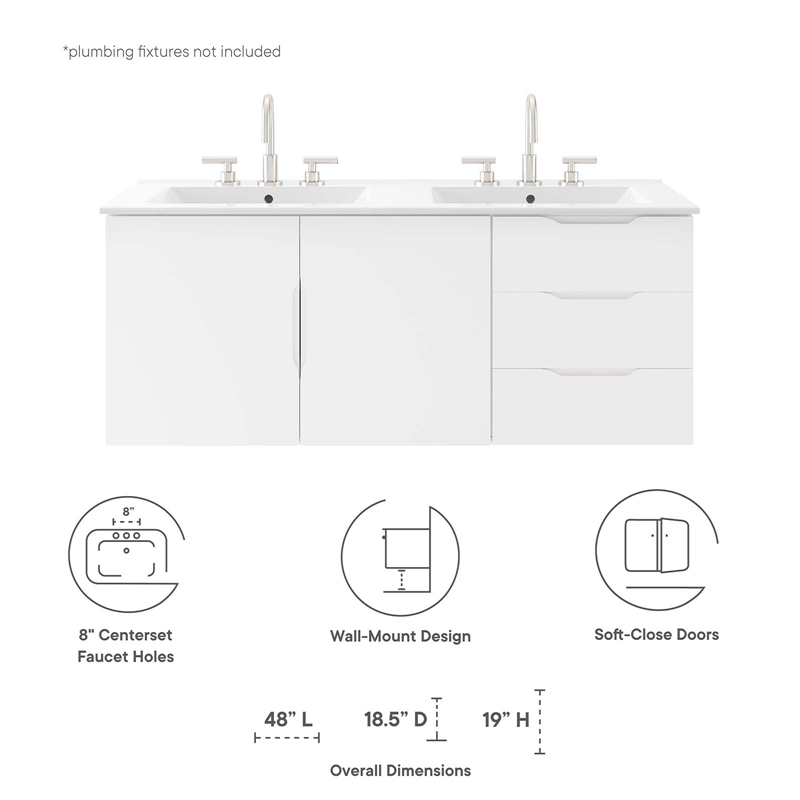 Pemberly Row Modern Wood/Ceramic Double Sink Bathroom Vanity in White