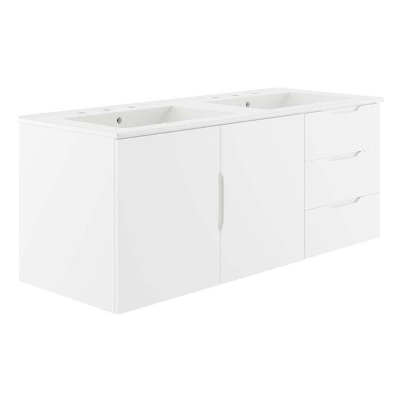 Pemberly Row Modern Wood/Ceramic Double Sink Bathroom Vanity in White