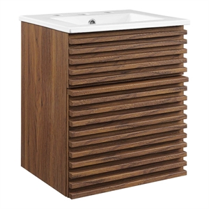 Pemberly Row 18&quot Modern Wood Wall-Mount Bathroom Vanity in Walnut/White