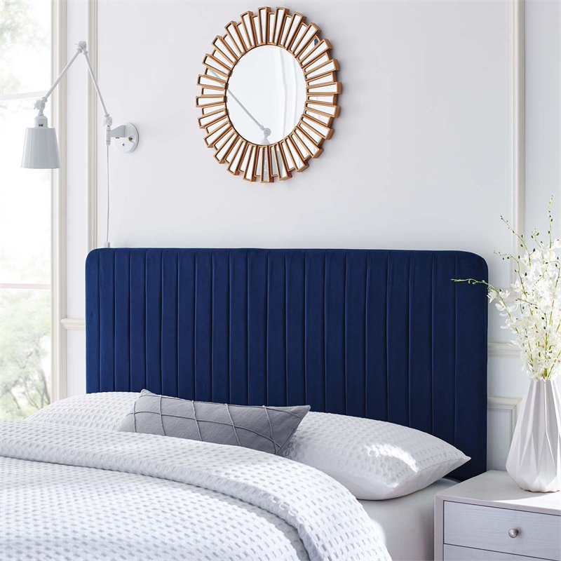 Pemberly Row Channel Tufted Performance Velvet Full/Queen Headboard in Navy