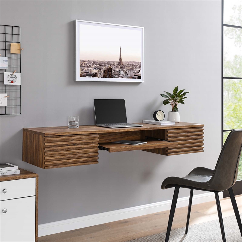 Pemberly Row Wall Mount Particleboard and Wood Office Desk in Walnut