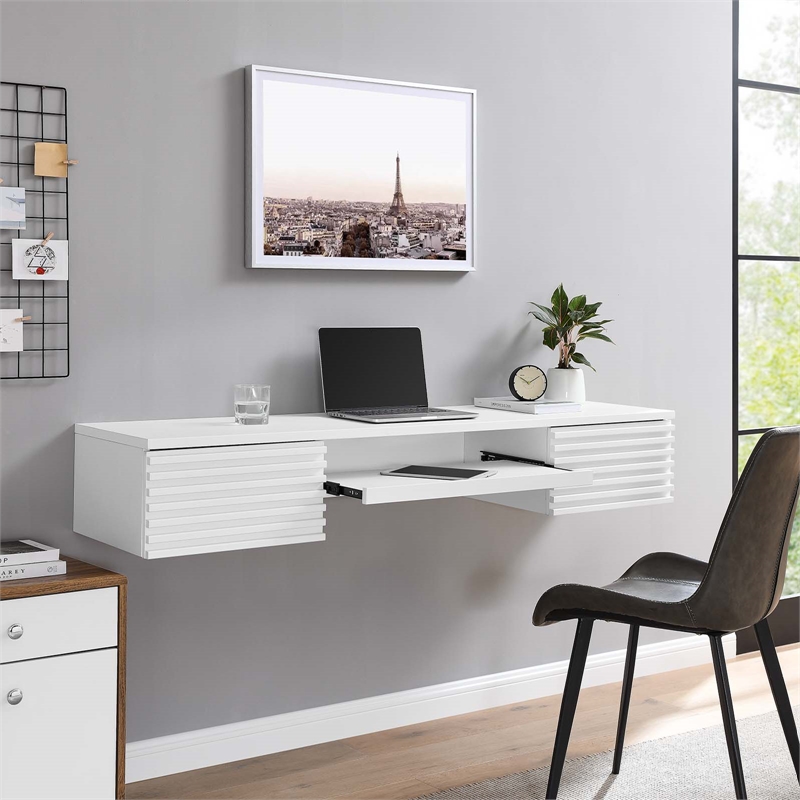 Pemberly Row Wall Mount Particleboard and Wood Office Desk in White