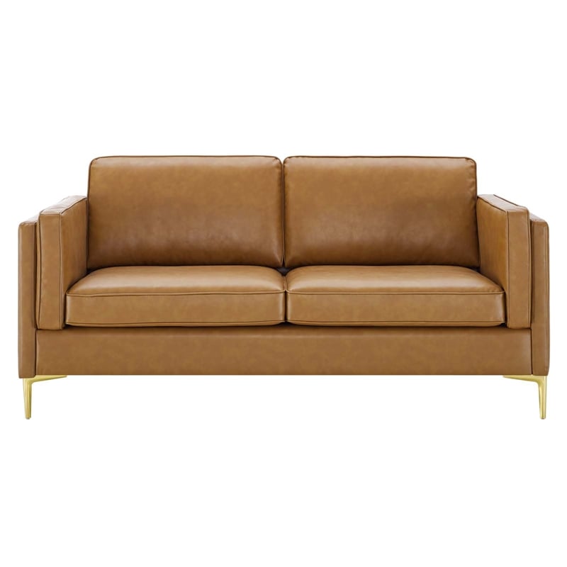 Pemberly Row Modern Faux Leather Sofa Upholstered in Tan & Gold