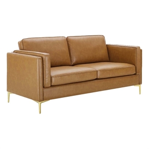 Pemberly Row Modern Faux Leather Sofa Upholstered in Tan & Gold