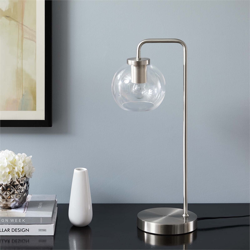 Pemberly Row 1-Light Modern Glass/Metal Table Lamp in Satin Nickel