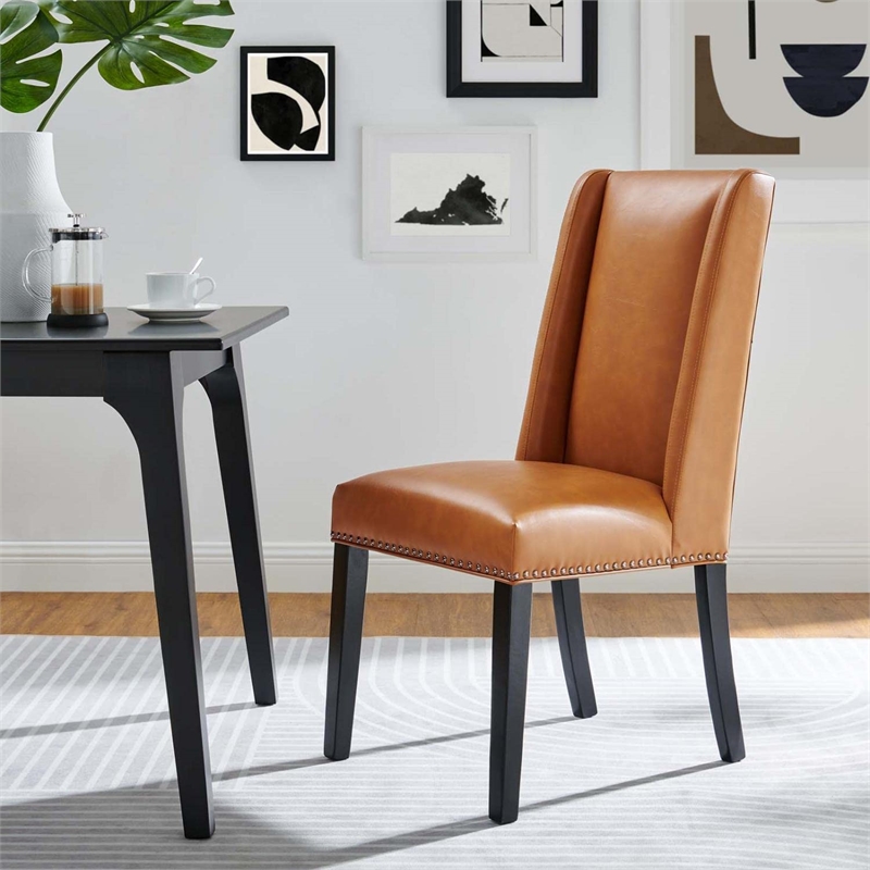 Pemberly Row Solid Wood and Vegan Leather Dining Chair in Tan