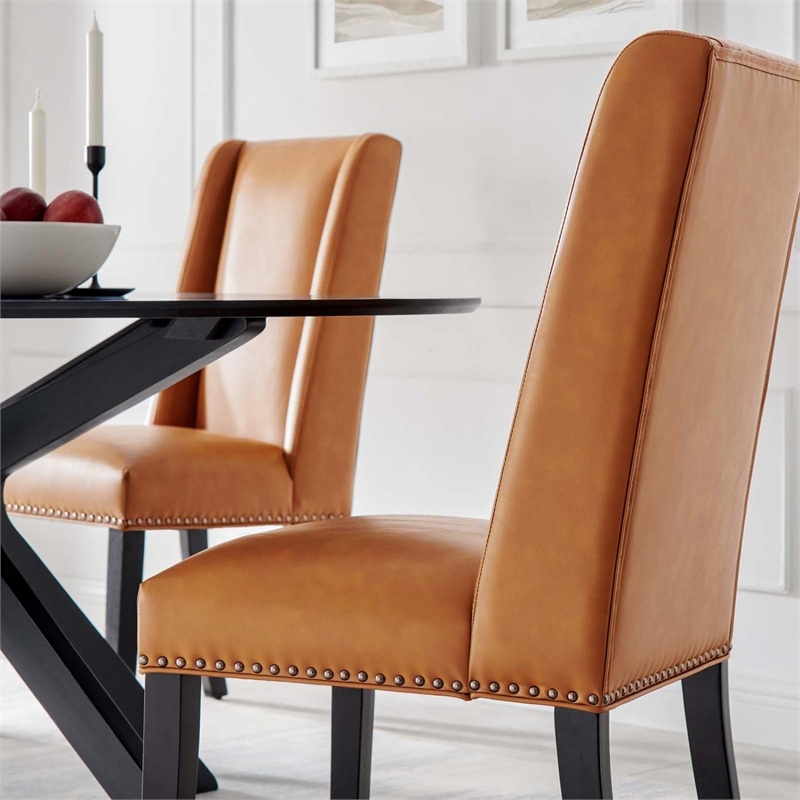 Pemberly Row Solid Wood and Vegan Leather Dining Chair in Tan