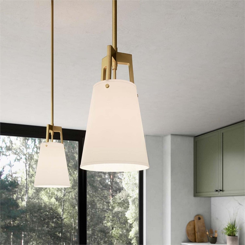 Pemberly Row Metal and Fabric Pendant Light in White and Satin Brass Finish