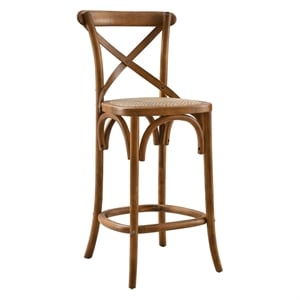 Pemberly Row 39.5&quot Rattan and Elm Wood Counter Stool in Walnut Finish