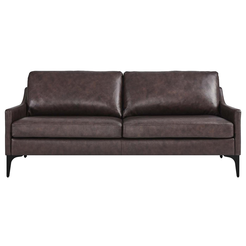 Pemberly Row Contemporary Leather and Metal Sofa in Brown Finish