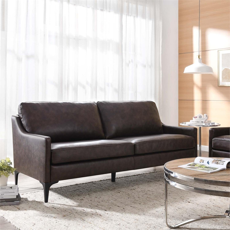 Pemberly Row Contemporary Leather and Metal Sofa in Brown Finish