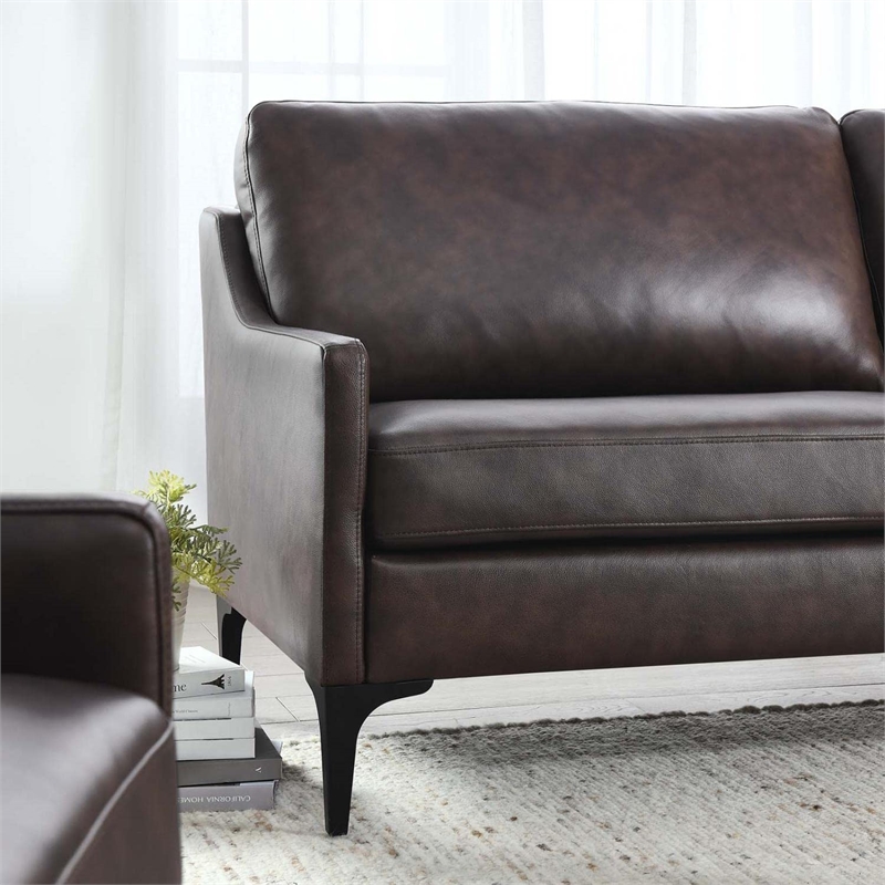 Pemberly Row Contemporary Leather and Metal Sofa in Brown Finish