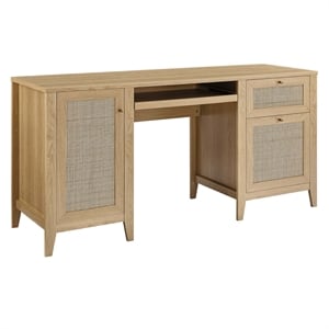 Pemberly Row 63&quot Natural Rattan and MDF Wood Office Desk in Oak