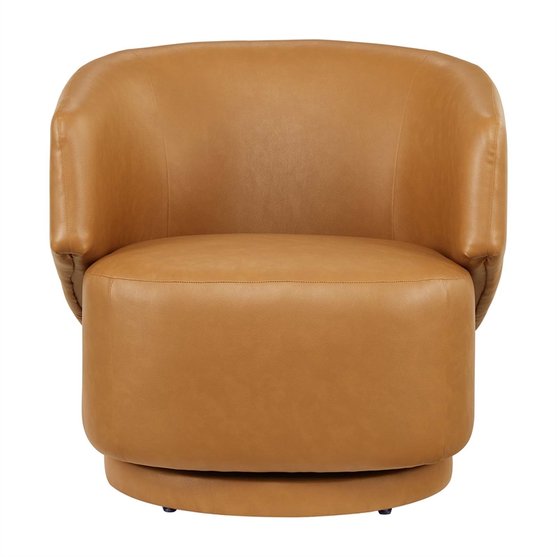 Pemberly Row Upholstered Vegan Faux Leather & Wood Swivel Chair in Tan