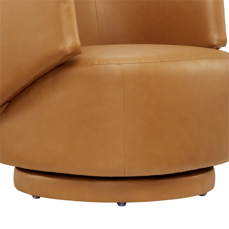Pemberly Row Upholstered Vegan Faux Leather & Wood Swivel Chair in Tan