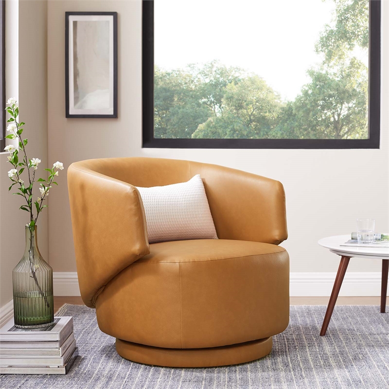 Pemberly Row Upholstered Vegan Faux Leather & Wood Swivel Chair in Tan