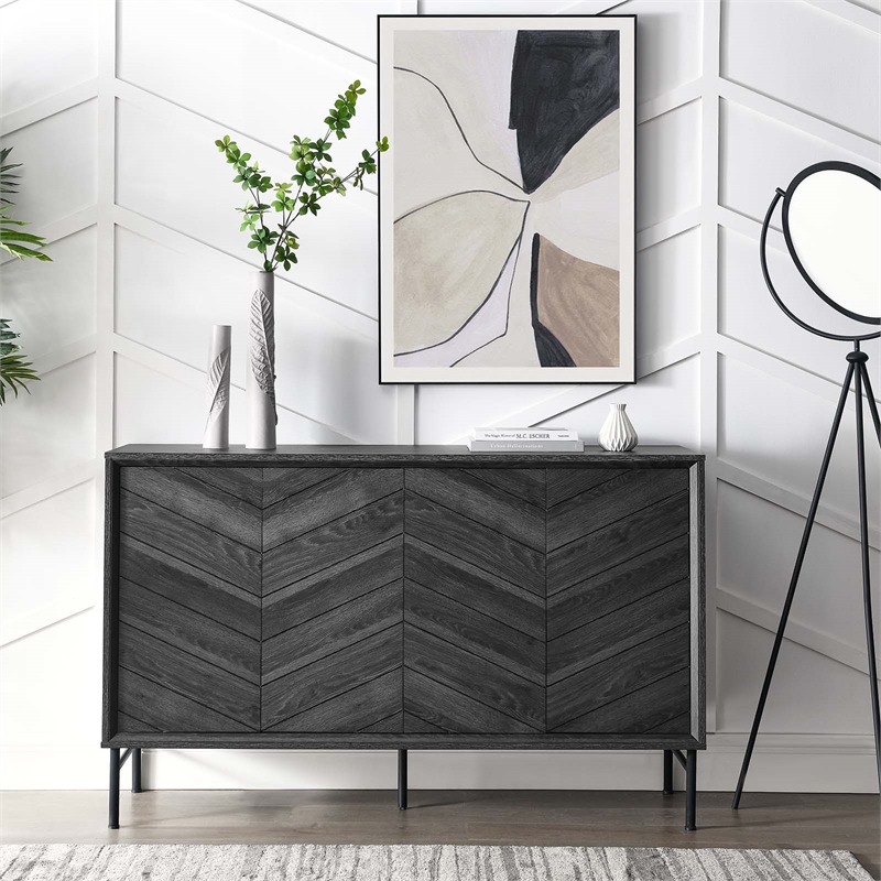 Pemberly Row Chevron Wood Sideboard with Adjustable Shelves in Black