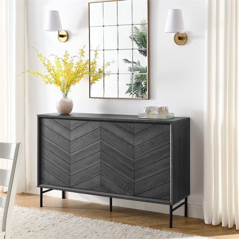 Pemberly Row Chevron Wood Sideboard with Adjustable Shelves in Black