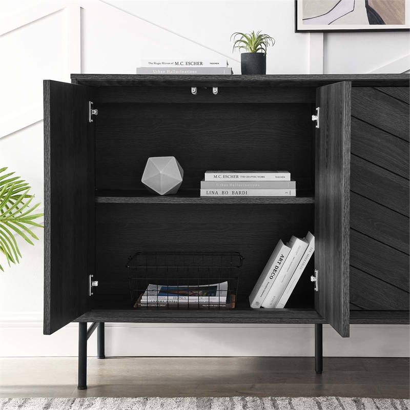 Pemberly Row Chevron Wood Sideboard with Adjustable Shelves in Black