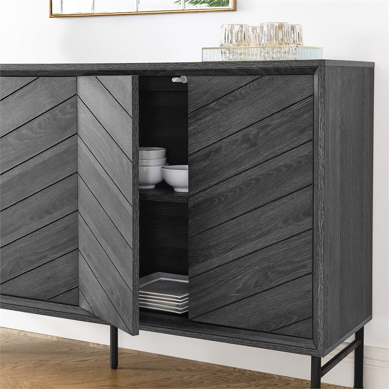 Pemberly Row Chevron Wood Sideboard with Adjustable Shelves in Black