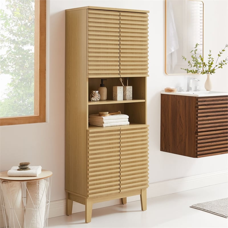 Pemberly Row Contemporary Tall Bathroom Storage Cabinet in Oak
