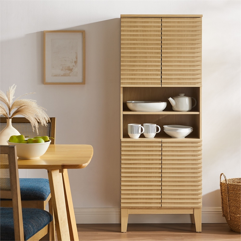 Pemberly Row Contemporary Tall Bathroom Storage Cabinet in Oak