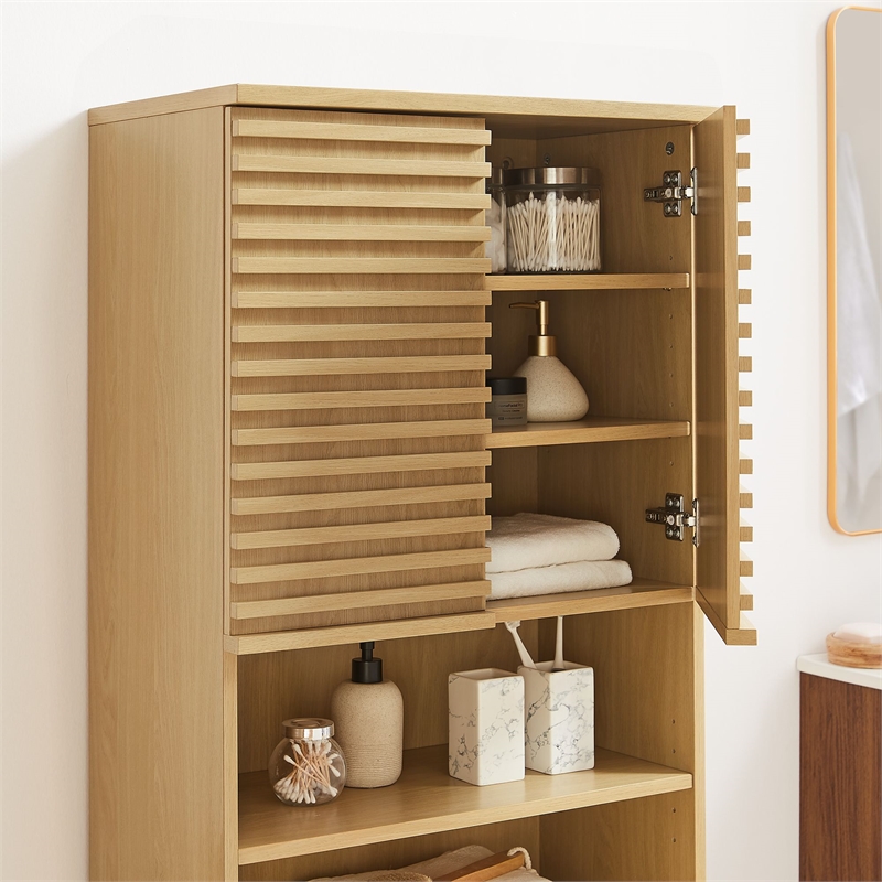 Pemberly Row Contemporary Tall Bathroom Storage Cabinet in Oak