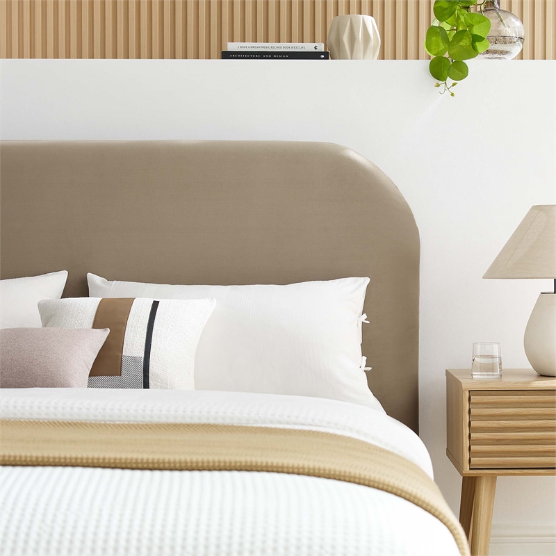 Pemberly Row Performance Velvet Curved King Platform Bed in Taupe