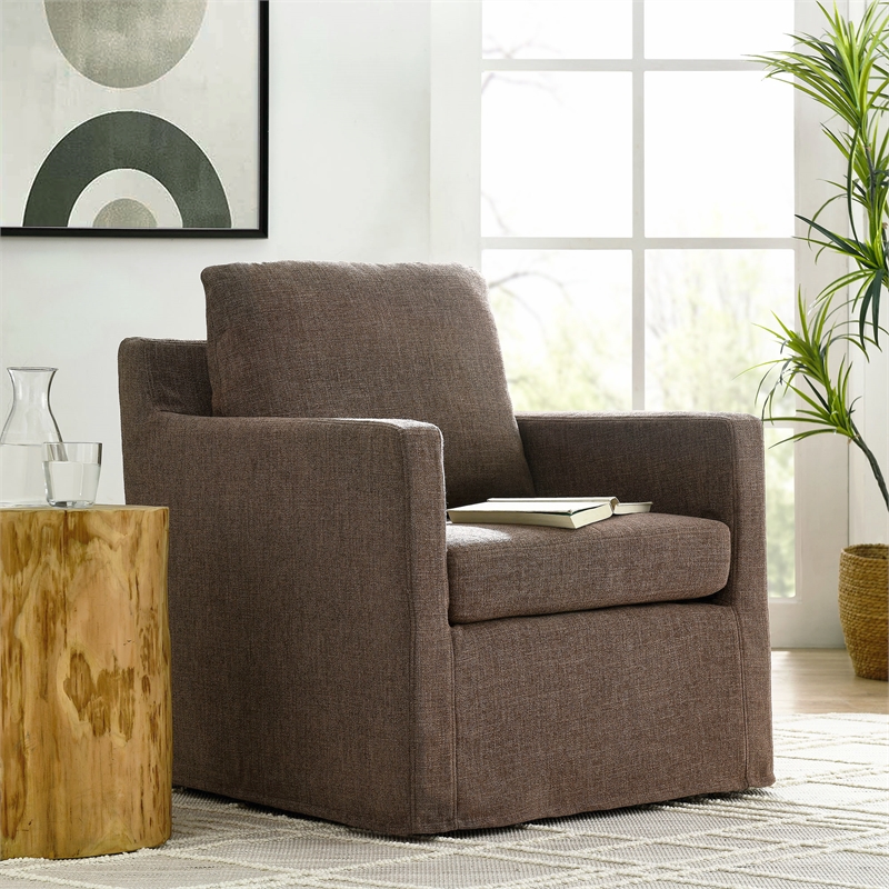 Pemberly Row Contemporary Fabric Slipcovered Swivel Armchair in Mocha