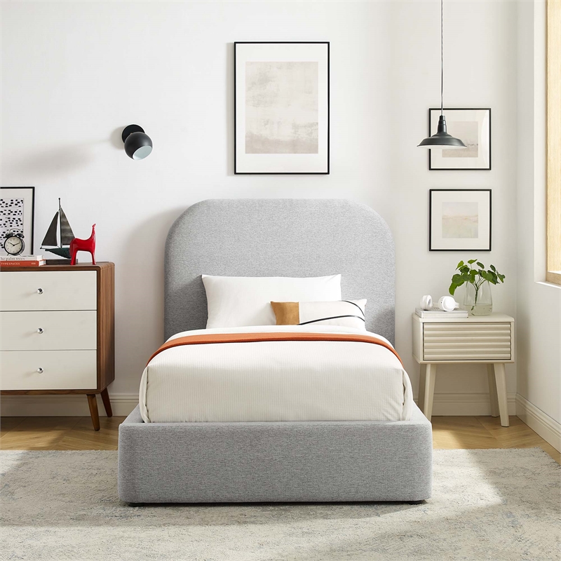 Pemberly Row Curved Twin Platform Bed in Heathered Weave Light Gray