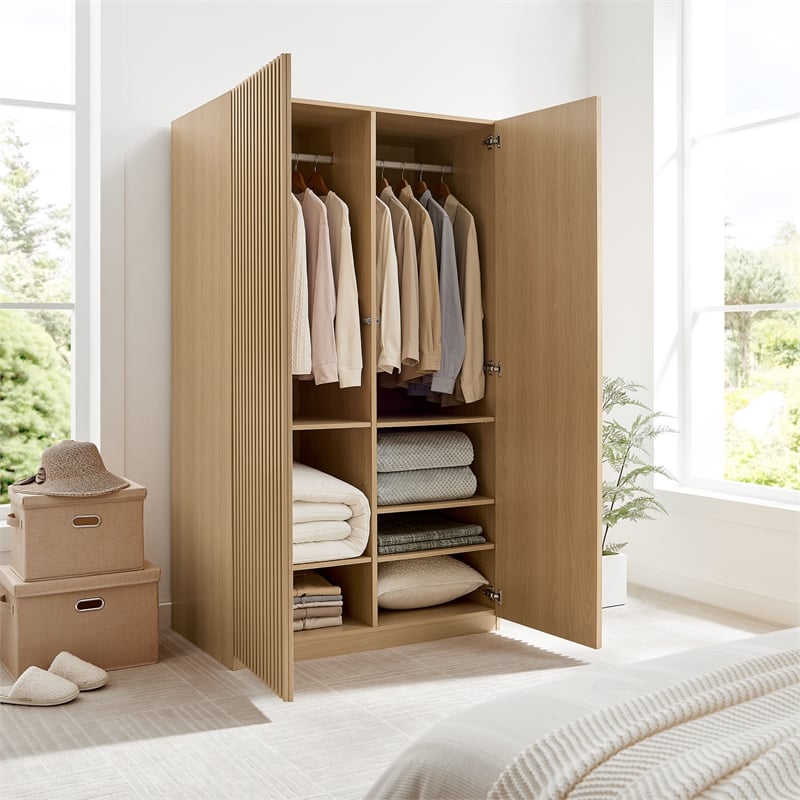 Pemberly Row Contemporary Wood Grain Laminated Wardrobe Closet in Oak