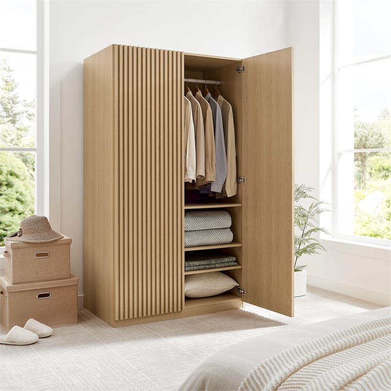 Pemberly Row Contemporary Wood Grain Laminated Wardrobe Closet in Oak