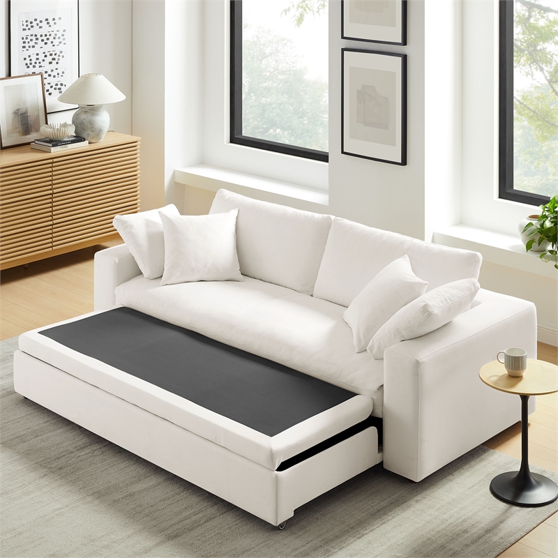 Pemberly Row Upholstered Sleeper Sofa with 4 Throw Pillows in Pure White