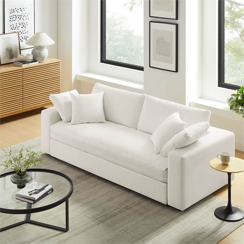 Pemberly Row Upholstered Sleeper Sofa with 4 Throw Pillows in Pure White