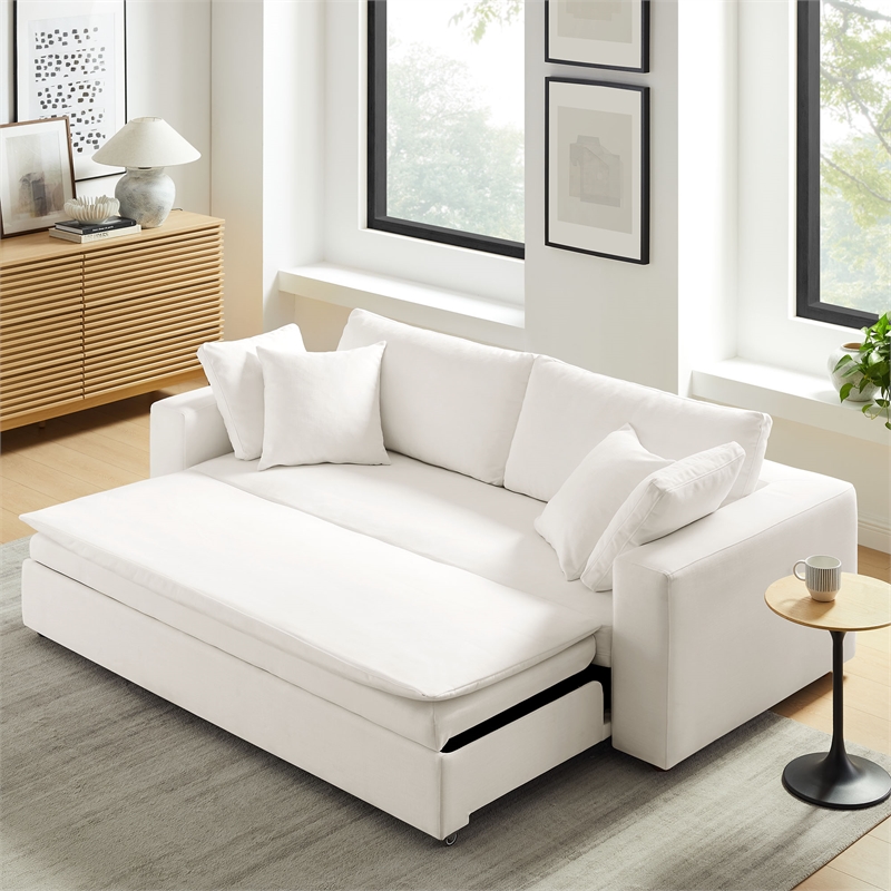 Pemberly Row Upholstered Sleeper Sofa with 4 Throw Pillows in Pure White