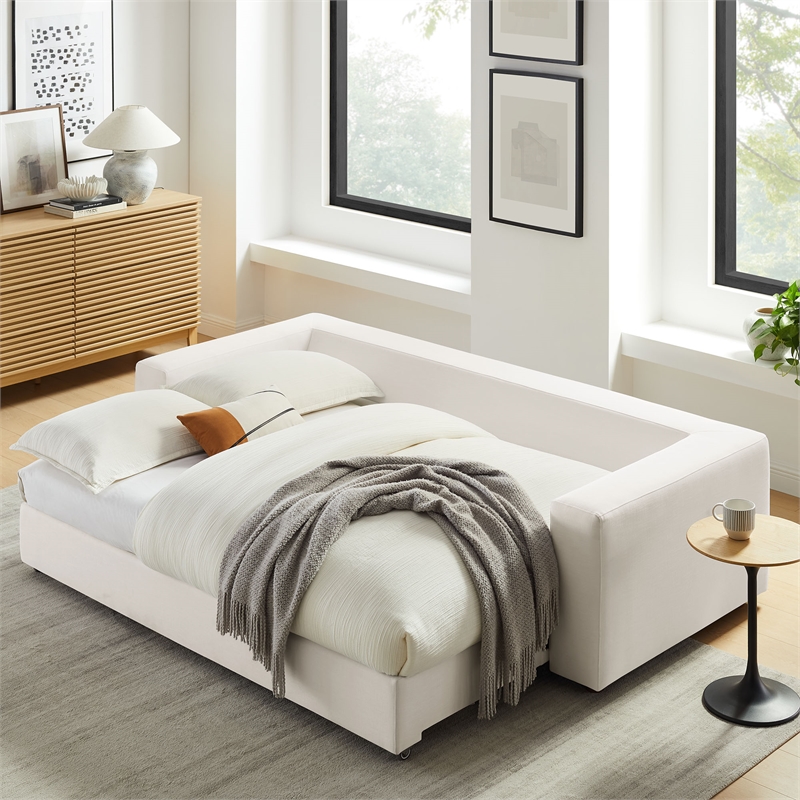 Pemberly Row Upholstered Sleeper Sofa with 4 Throw Pillows in Pure White